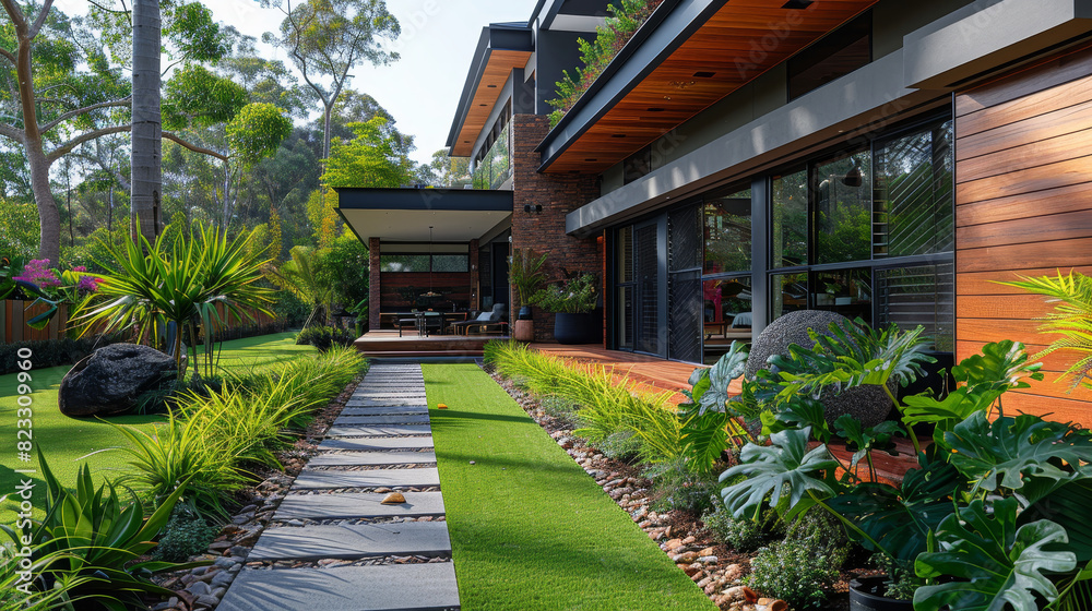 Tropical oasis in Modern House: contemporary home with faux turf and lush plants.