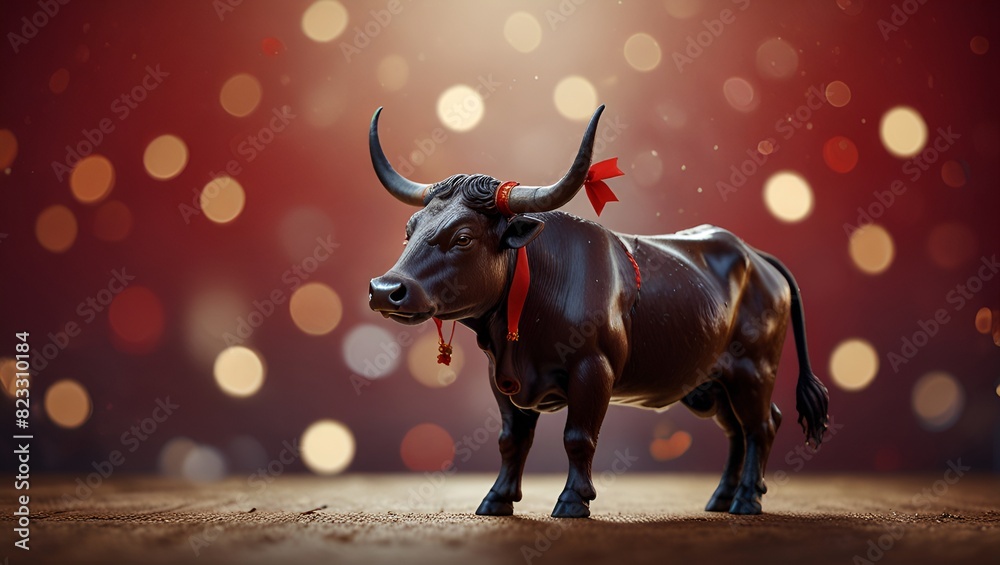 A black bull with red horns standing in front of a red background. A black bull with red horns standing in front of a red background.