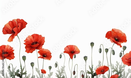 Red poppies flowers isolated on a white background in the style of a vector illustration in a flat design style.