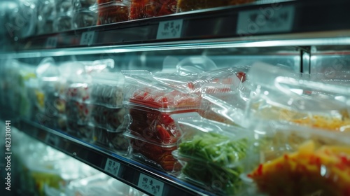 Cold storage shelves filled with packaged fresh fruits and vegetables in a grocery store, highlighting food preservation. photo