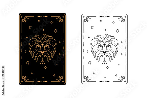 Tarot card with leo zodiac style. Simple line art style.