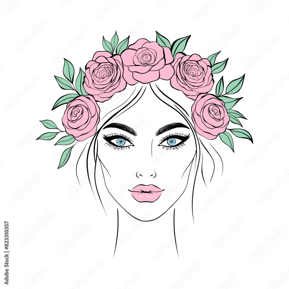 Portrait of a young woman with a flower wreath on her head.