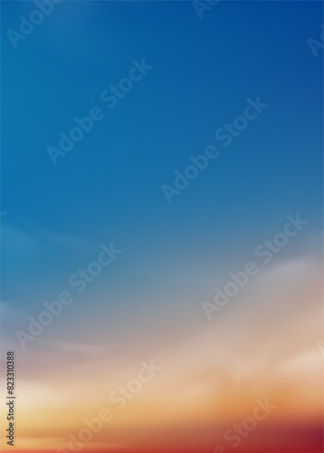 Sunset Sky Blue Cloud Background,Sunrise Colourful Gradient in Orange,Yellow in morning Summer,Vector sunny Autumn,Nature landscape field in evening.Winter sunlight.Horizon Spring sundown by Sea Beach