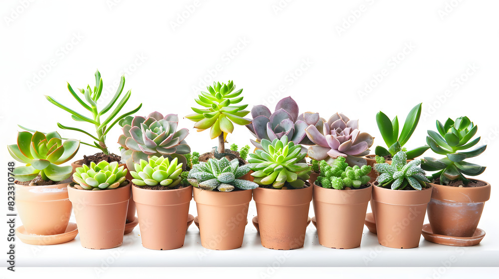 Different types of potted succulents arranged in a decorative arrangement on a windowsill isolated on white background, photo, png
