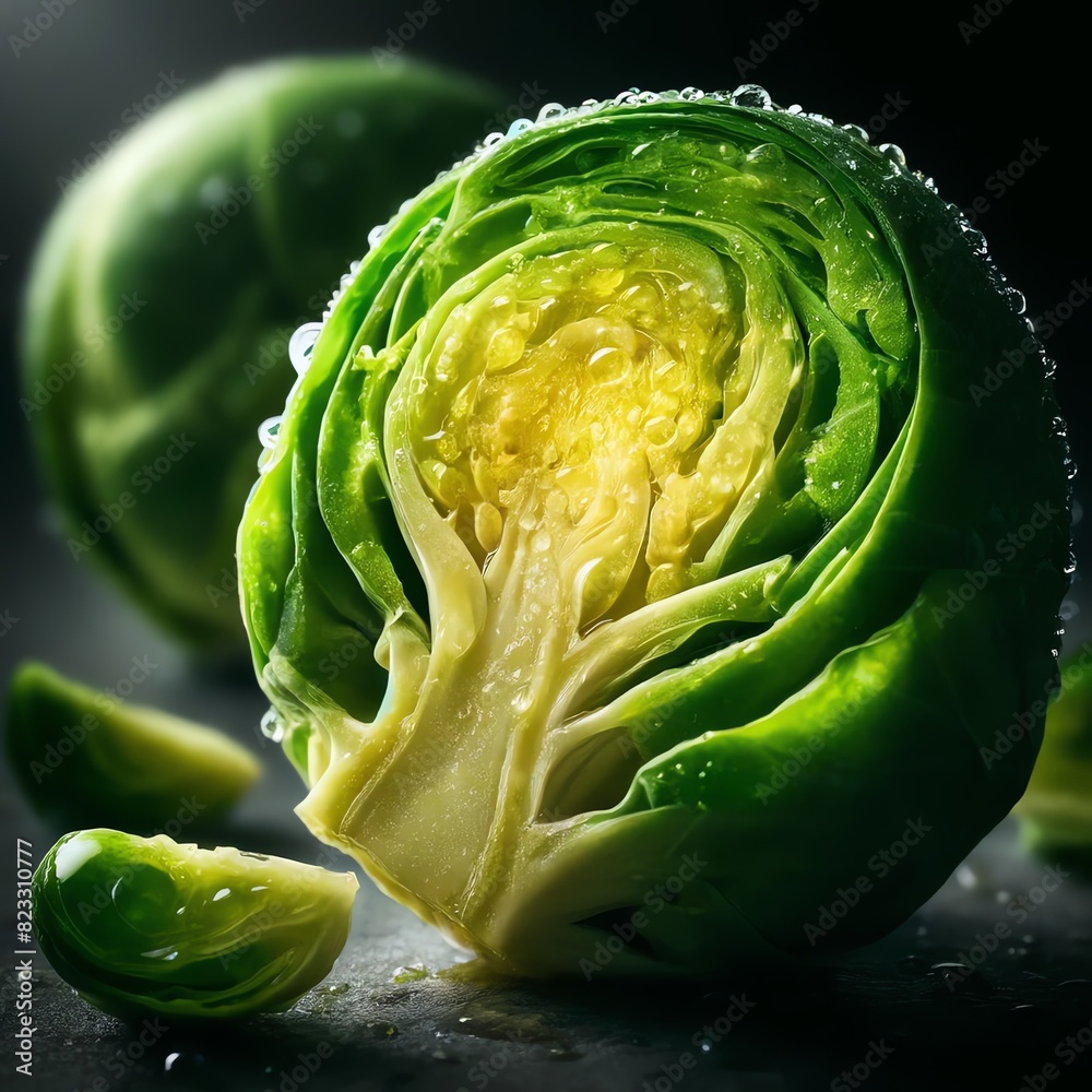 Obraz premium A close-up image of a halved Brussels sprout