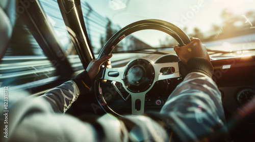 Hands gripping a steering wheel in a dynamic car driving scene. © VK Studio