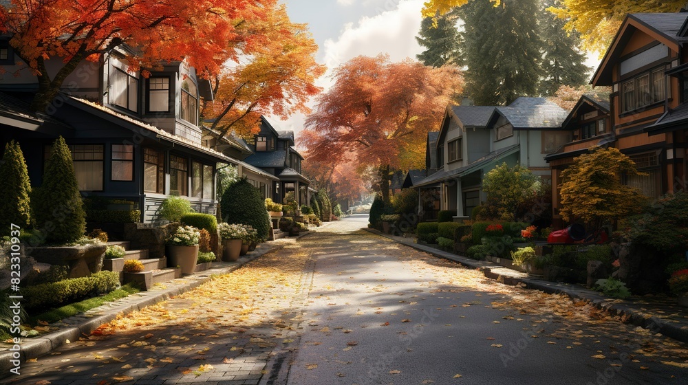 Naklejka premium A photo of a residential street with autumn foliage.