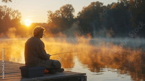 Man fishing at a serene lake during a misty sunrise, capturing tranquility
