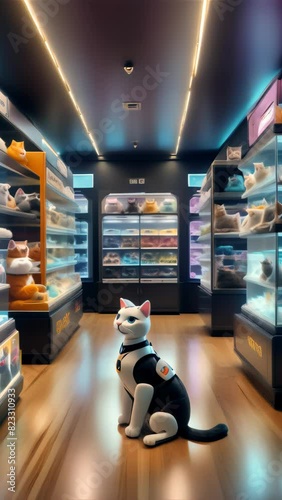 A futuristic robot cat sits alertly in a high-tech pet store, surrounded by shelves displaying various robotic cats in illuminated showcases. photo