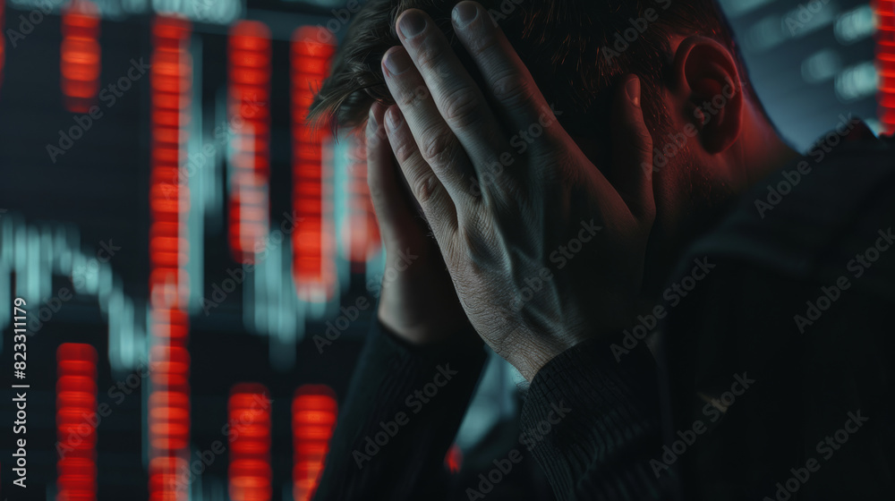 A distressed man in a dark room, head in hands against a backdrop of falling stock prices. A distressed man in a dark room, head in hands against a backdrop of falling stock prices.