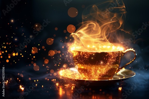 Steaming cup of coffee, emitting mysterious light particles, against a dark background.