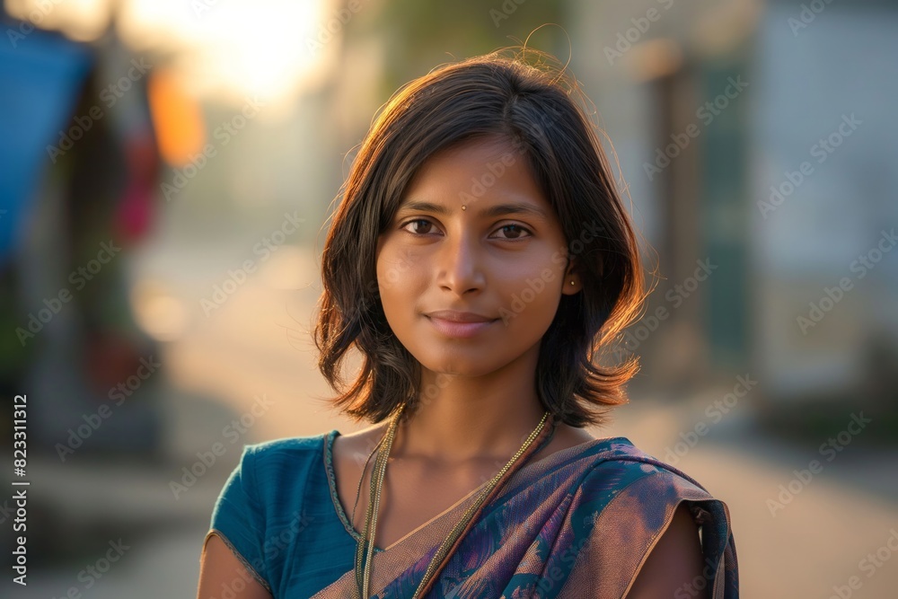 A smiling woman in a traditional sari, captured in the golden light of sunset, reflecting cultural richness and natural beauty. Ideal for cultural, lifestyle, and portrait themes. A smiling woman in a traditional sari, captured in the golden light of sunset, reflecting cultural richness and natural beauty. Ideal for cultural, lifestyle, and portrait themes.