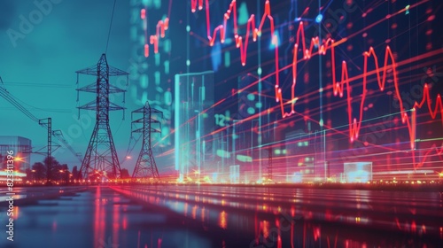 stock market business and electric pole energy industry banner