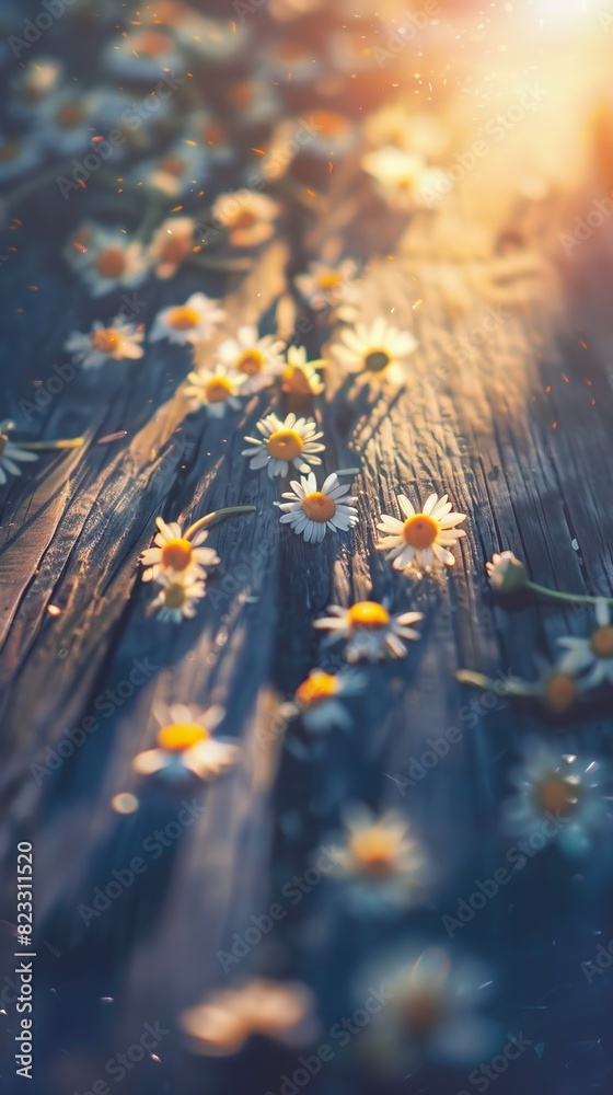 White daisies on a wooden background with a warm sunlight in the background