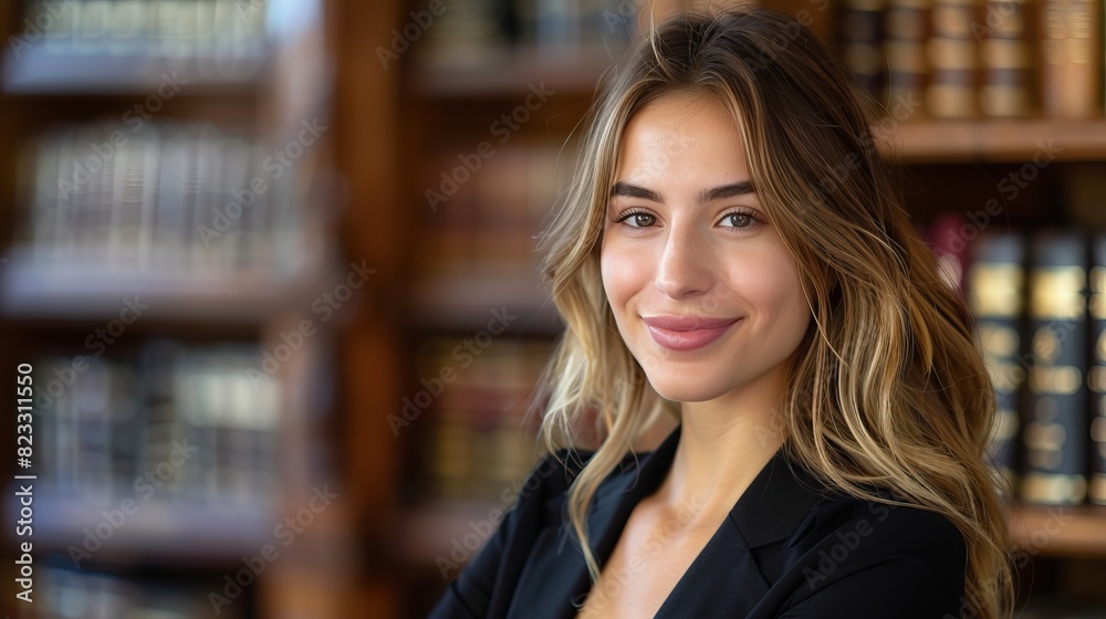 A young female law student poses confidently in a library. A young female law student poses confidently in a library.