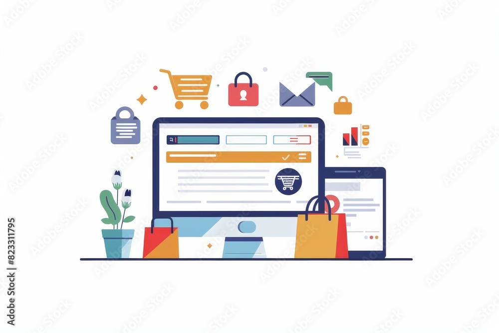 Creative vector illustration of secure online shopping with a large screen, shopping icons, and various devices, showcasing digital safety and e commerce technology Creative vector illustration of secure online shopping with a large screen, shopping icons, and various devices, showcasing digital safety and e commerce technology