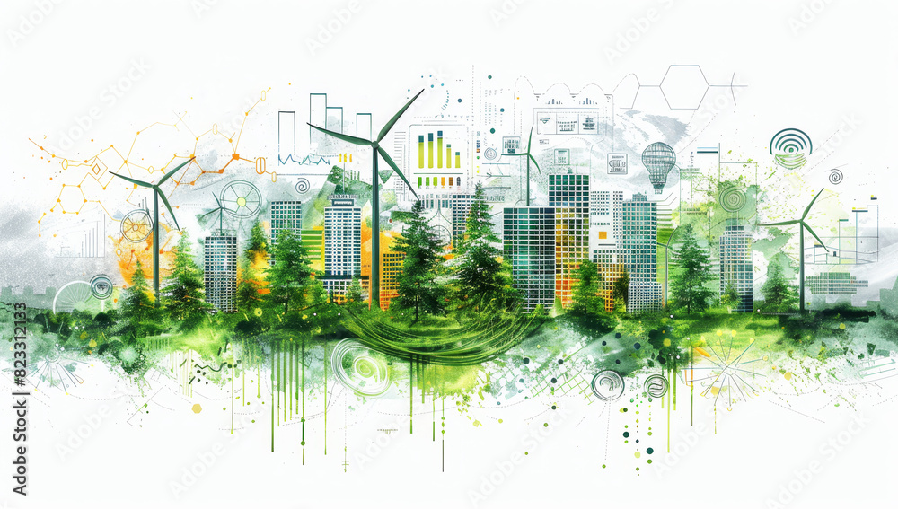 Hand-drawn eco-friendly and sustainable cityscape with wind turbines and green buildings
