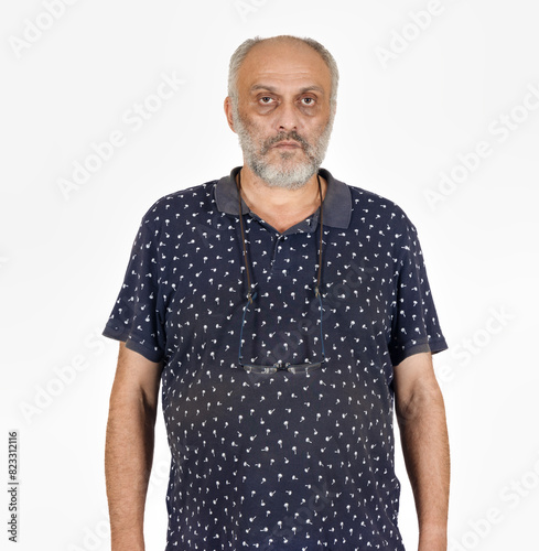 old man with a tired face and beard on isolated white background