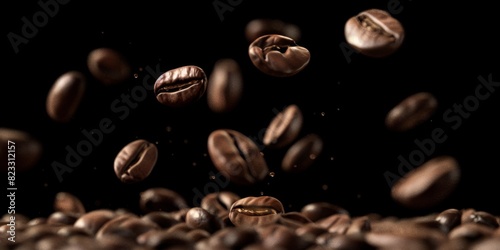 Few coffee beans flying in the air against a black background in a studio shot photographed