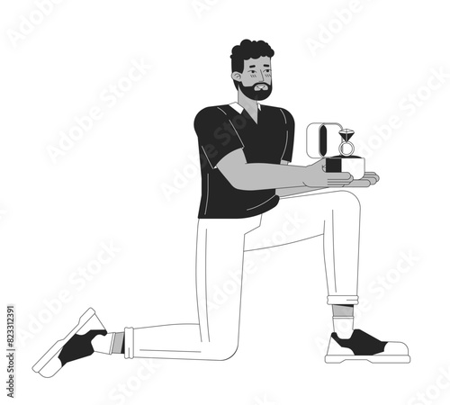 African american man proposing black and white 2D line cartoon character. Black male with engagement ring on one knee isolated vector outline person. Romance monochromatic flat spot illustration