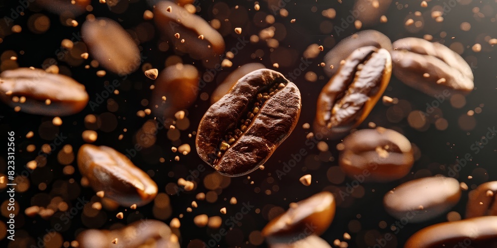 Few coffee beans flying in the air against a black background in a studio shot photographed Few coffee beans flying in the air against a black background in a studio shot photographed