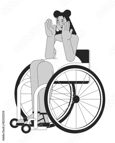Surprised latin american woman in wheelchair black and white 2D line cartoon character. Disabled hispanic female isolated vector outline person. Disability monochromatic flat spot illustration