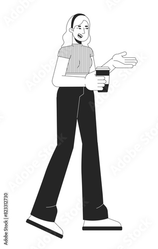 Happy caucasian woman with coffee cup black and white 2D line cartoon character. European female with drink walking isolated vector outline person. Lifestyle monochromatic flat spot illustration
