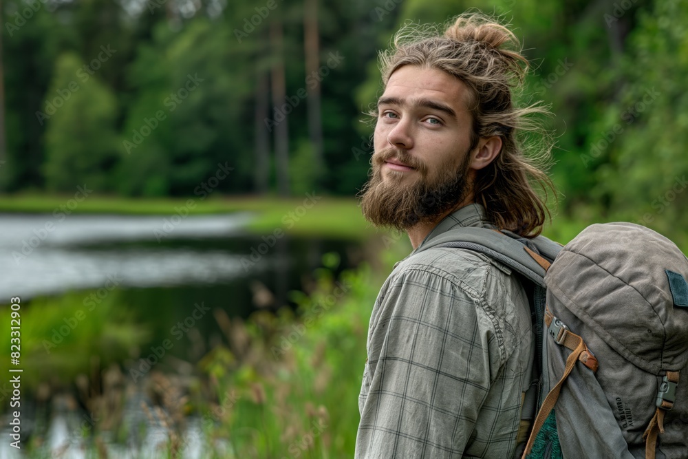 A bearded man with a backpack, smiling while standing by a lake in a forest. Perfect for outdoor adventure themes, nature exploration, and travel lifestyle promotions. A bearded man with a backpack, smiling while standing by a lake in a forest. Perfect for outdoor adventure themes, nature exploration, and travel lifestyle promotions.