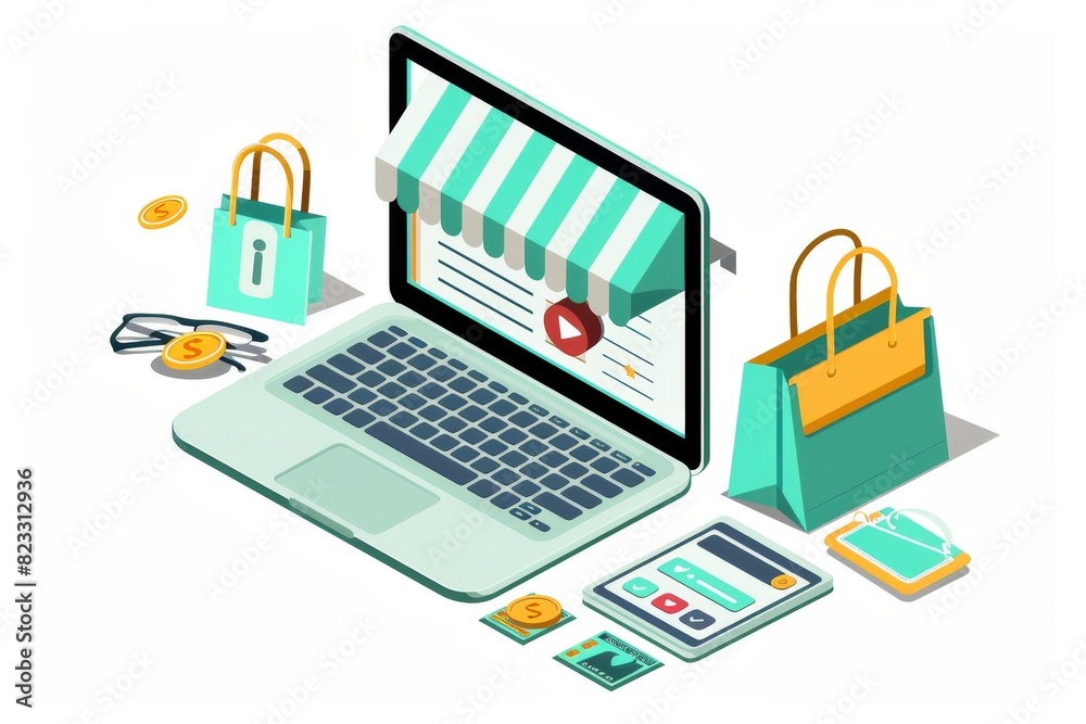 Vibrant vector illustration of secure online shopping with a laptop, shopping icons, and a person interacting, emphasizing digital safety and e commerce connectivity Vibrant vector illustration of secure online shopping with a laptop, shopping icons, and a person interacting, emphasizing digital safety and e commerce connectivity