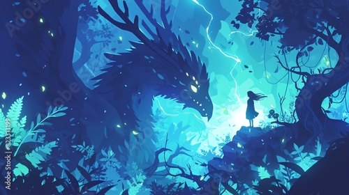 Girl Confronts Dragon in Enchanted Forest. Amazing anime background photo