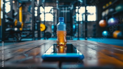 A refreshing sports drink bottle placed atop a smartphone, set against the backdrop of a gym filled with equipment. photo