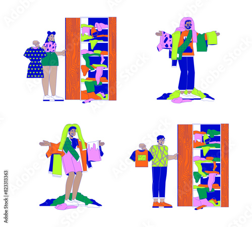 Diverse people with clothing excess line cartoon flat illustration set. Unhappy shopaholics 2D lineart characters isolated on white background. Overconsumption scene vector color image collection