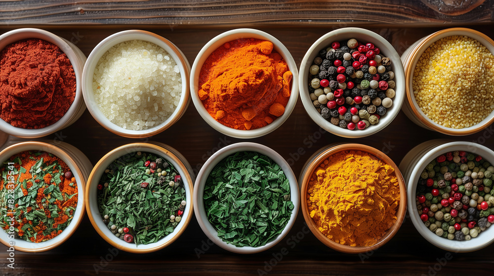 Various colorful spices at the Spice ,Colorful herbs and spices for cooking, Hot spices and chili peppers in wooden bowls flying over black background and fire