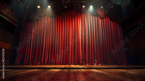 Theater stage with red curtain and steps