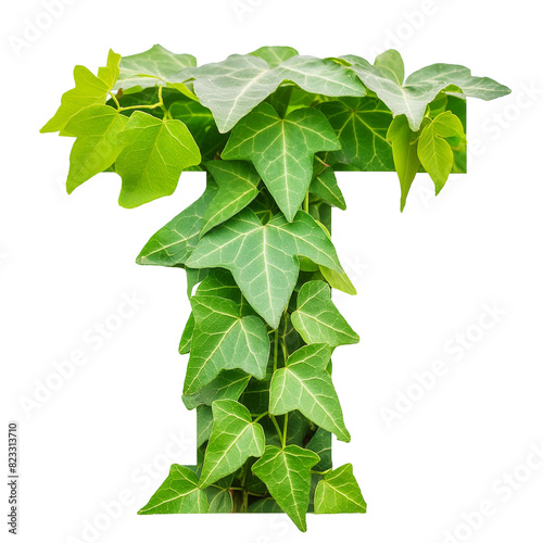 Green ivy leaves in shape alphabet letter T isolated on white, clipping path