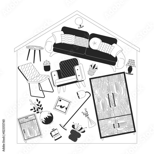 House overloaded with belongings black and white 2D linear illustration concept. Domestic stuff cartoon scene background. Overconsumption problem monochrome metaphor abstract flat vector graphic