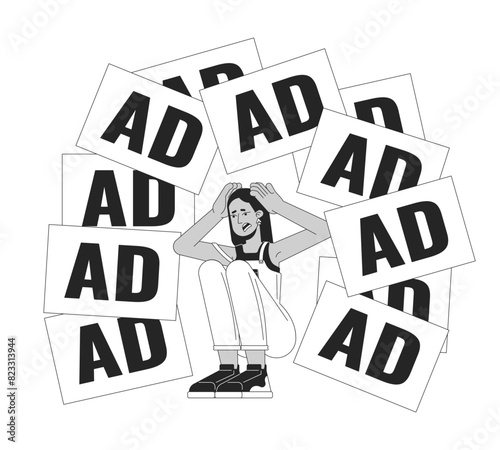 Arab woman threatened by annoying ads 2D linear illustration concept. Middle eastern female cartoon outline character isolated on white. Too much targeting metaphor monochrome vector art