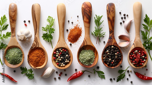 Various colorful spices at the Spice ,Colorful herbs and spices for cooking, Hot spices and chili peppers in wooden bowls flying over black background and fire photo