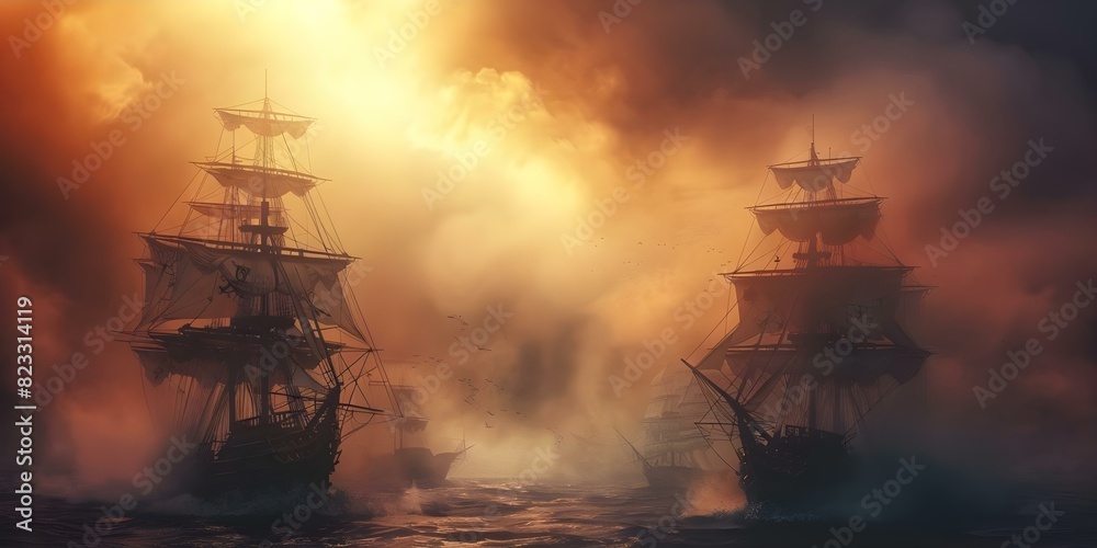 Pirate and Ghost Ships Embark on a Journey Amidst a Dramatic Background. Concept Fantasy, Adventure, Nautical, Dramatic Backgrounds, Ships