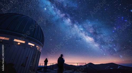 Astronomers at a remote observatory under a starry night sky photo