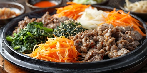 A sizzling plate of bulgogi with vibrant banchan accompaniments. Concept Korean cuisine, Bulgogi, Banchan, Sizzling plate, Vibrant colors photo
