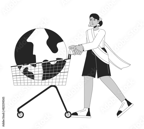 Indian woman pushing cart with earth globe black and white 2D illustration concept. Hindu female overconsumption cartoon outline character isolated on white. Buy world metaphor monochrome vector art