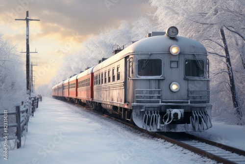 White Train winter snow. Road forest rail. Generate Ai