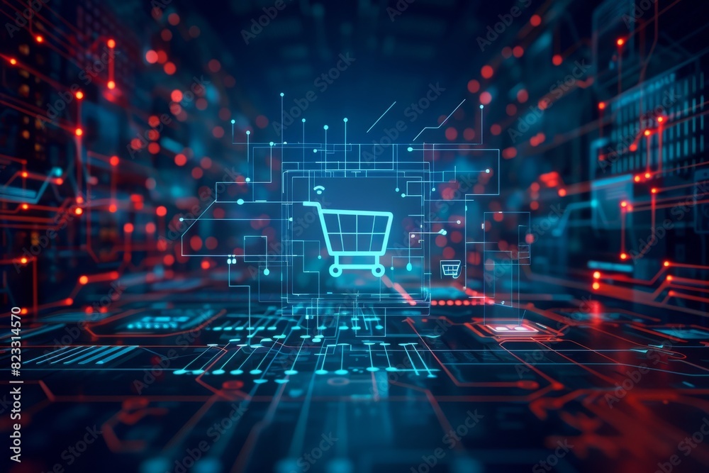 Futuristic digital illustration highlighting secure online shopping with a glowing interface and shopping icons, emphasizing digital safety and connectivity Futuristic digital illustration highlighting secure online shopping with a glowing interface and shopping icons, emphasizing digital safety and connectivity