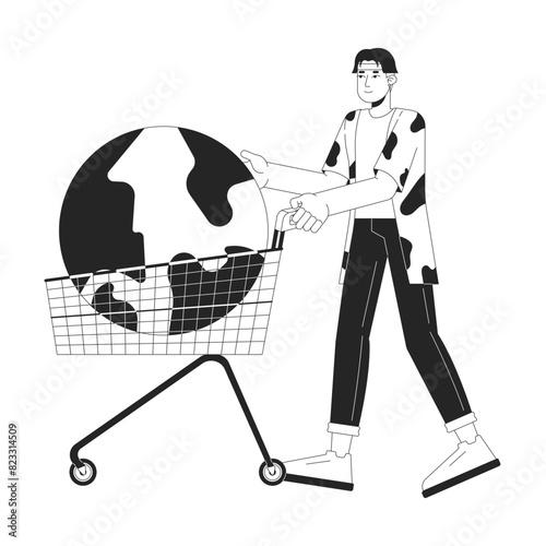 Asian man buying whole world 2D linear illustration concept. Korean male buyer with shopping cart cartoon outline character isolated on white. Overconsumption metaphor monochrome vector art