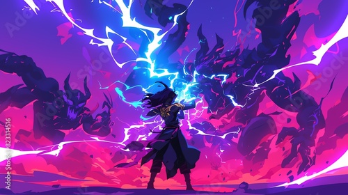a sorceress harnessing the power of lightning. Amazinng anime illustration, suitable for backgroound photo