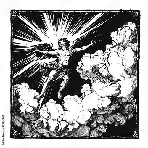 Woodcut illustration of a falling angel. Vintage grunge vector design element for artworks, poster, cards, web and collages.