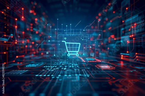 Futuristic digital illustration highlighting secure online shopping with a glowing interface and shopping icons, emphasizing digital safety and connectivity