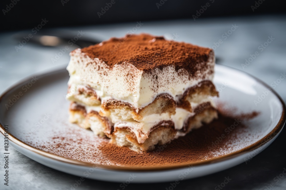 Hearty tiramisu on a metal tray against a pastel or soft colors background Hearty tiramisu on a metal tray against a pastel or soft colors background