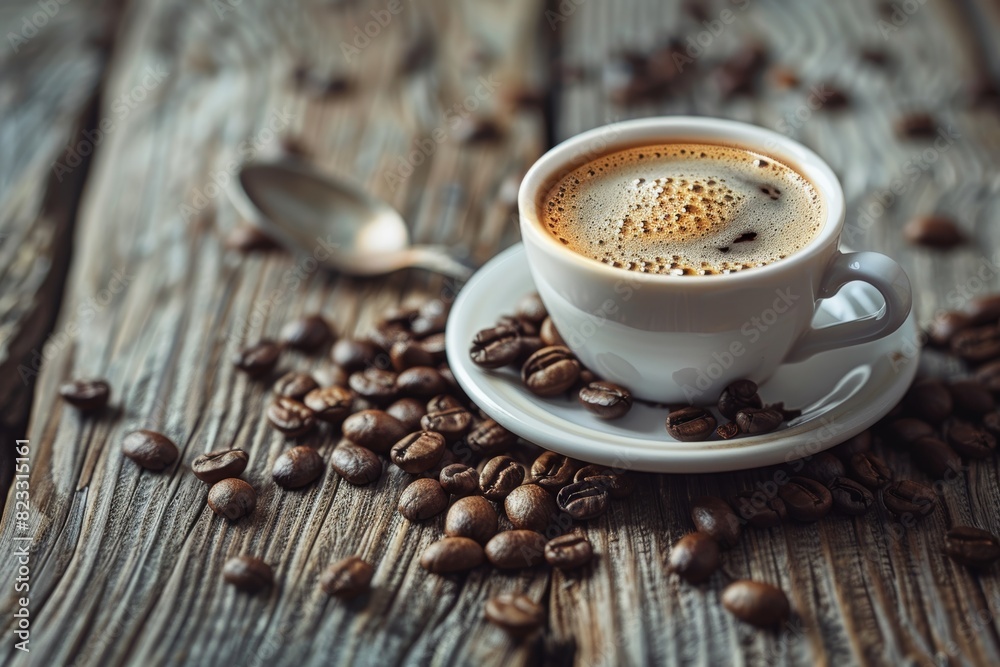 Cup of black coffee with bubbles on top, surrounded in the style of scattered brown beans, Cup of black coffee with bubbles on top, surrounded in the style of scattered brown beans,